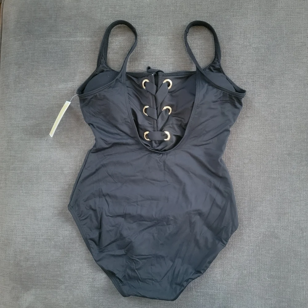 Michael Kors Women's Black Lace Up Gold Grommets One Piece Swimsuit Size 8 - Picture 7 of 13